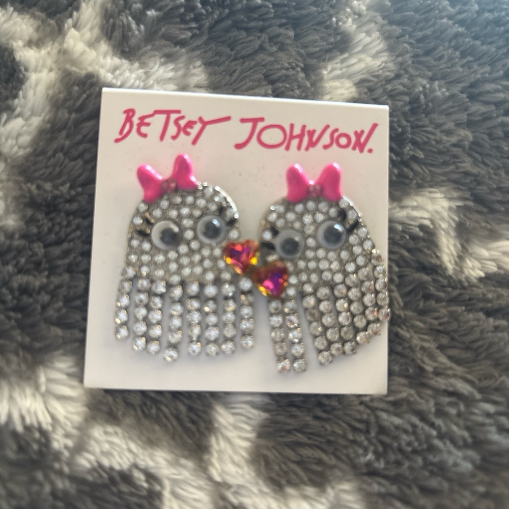 Betsey Johnson Silver Crystal Ghost Earrings with Pink Bows and Pink Heart